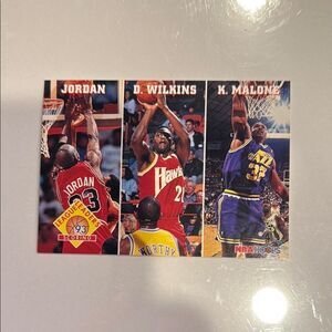 NBA Hoops Basketball Trading Card Trio Jordan,Malone,Wilkins, 1993 league leade